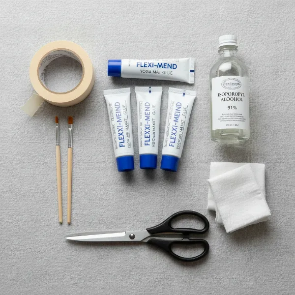 A collection of tools and materials for DIY yoga mat repair, including various glues, tape, cloths, and applicators.