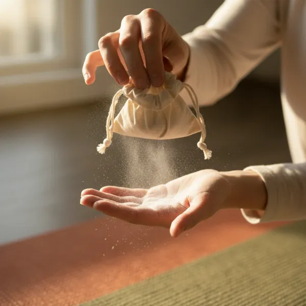 A yogi applying rosin or liquid chalk to their hands before a yoga session on a mat, focusing on enhanced grip and stability