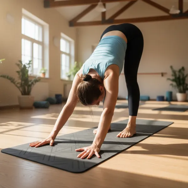 A person demonstrating a yoga pose on a yoga mat with good grip, showing confidence and stability in their practice, with natural light.