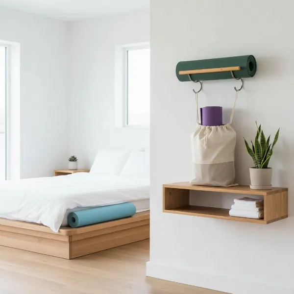 Various creative yoga mat storage solutions including wall-mounted racks and flat storage under a bed.