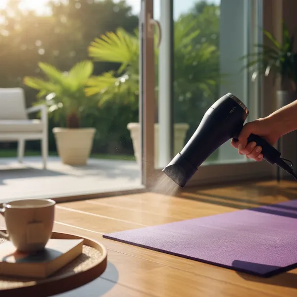 A yoga mat laid flat in gentle sunlight or being gently warmed by a hairdryer to flatten curled edges, illustrating heat application.