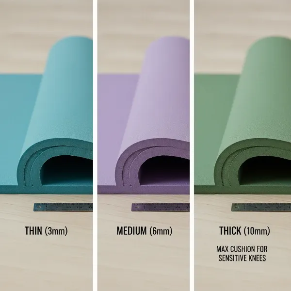 Various yoga mats with different thicknesses, highlighting cushioning levels for knees