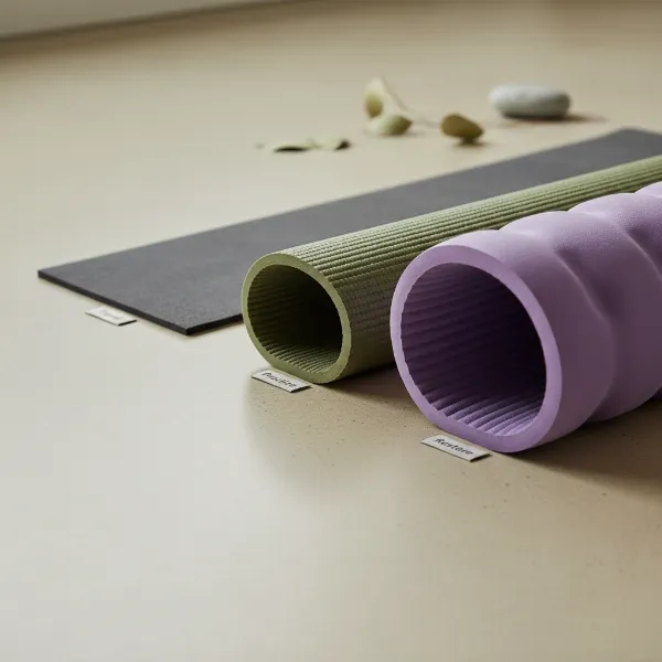 Close-up comparison of three yoga mats with varying thicknesses, showcasing comfort and stability