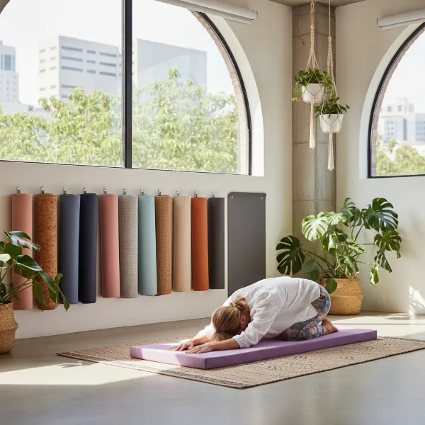 various yoga mat types displayed in a studio setting with a person doing a pose
