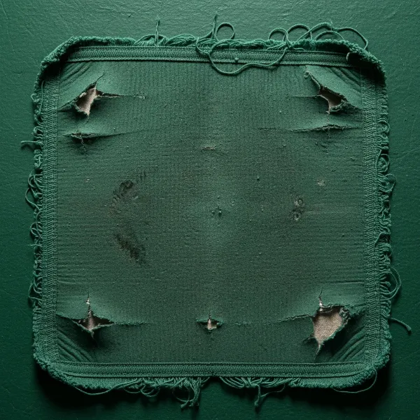 A close-up image showing a yoga mat with visible signs of wear and tear, including frayed edges, small tears, and bald spots where the material has worn thin. The mat should appear well-used and aged.