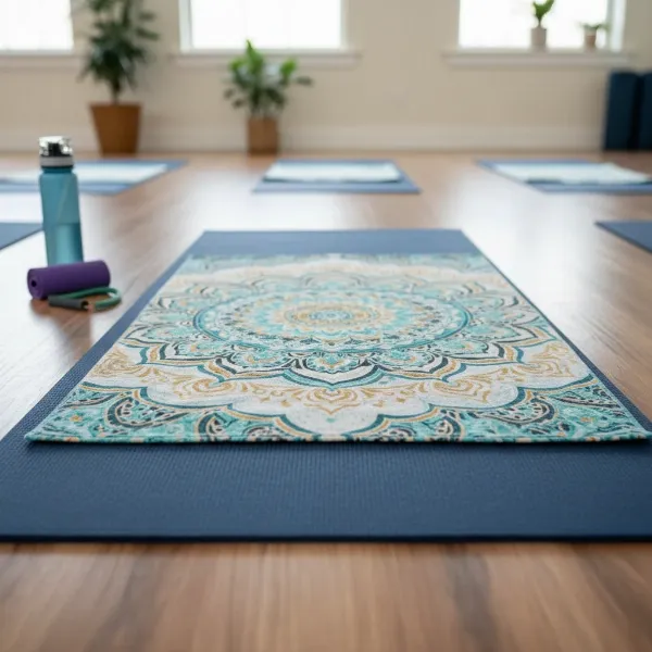 A yoga mat with a neatly placed yoga towel ready for practice in a studio.