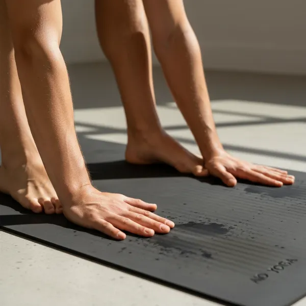 Yogi performing a balancing pose on Alo Yoga Warrior Mat, demonstrating its superior wet grip.